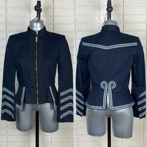 Regencycore Formal navy blue office zip up ornate blazer suit jacket sz small